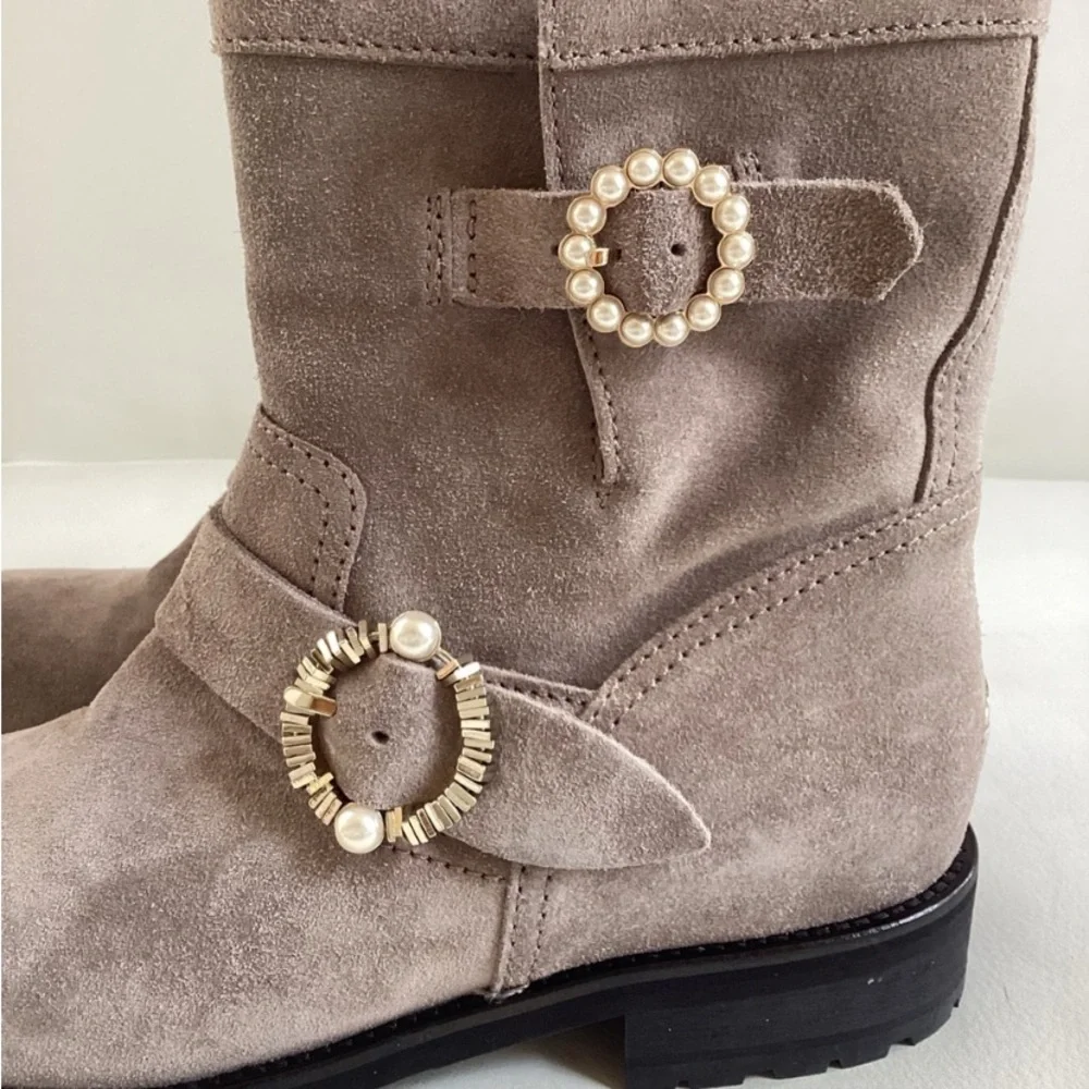 Jimmy Choo Suede Opal Grey Mid-Calf Moto Boots faux peal Multistrap Closure 7 - Picture 7 of 7